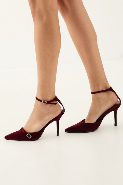 MissPap Velvet Buckle Detail Pointed High Stiletto Heel Court Shoes Burgundy