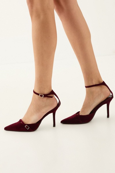 MissPap Velvet Buckle Detail Pointed High Stiletto Heel Court Shoes Burgundy