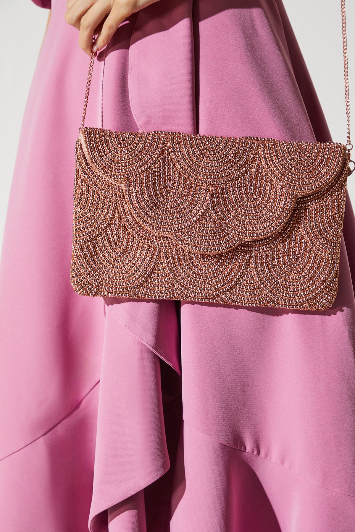 Coast Pearl Beaded Scallop Clutch Bag With Shoulder Strap Rose Gold image 2