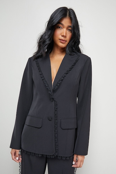 Warehouse Oversized Lace Frill Trim Single Breasted Blazer Black