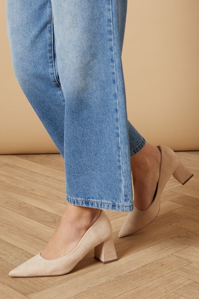 Oasis Vern Faux Suede Pointed Block Court Shoes Beige
