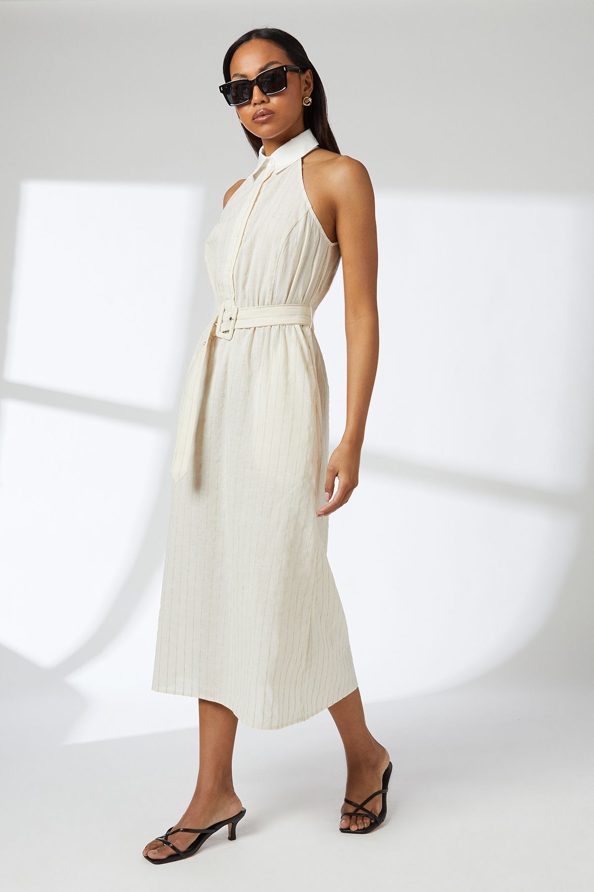 Principles Sand Pinstripe Collared Halterneck Midi Dress Sand image 1