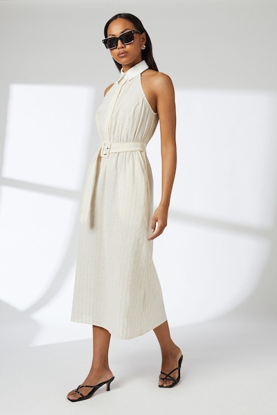Principles Sand Pinstripe Collared Halterneck Midi Dress Sand