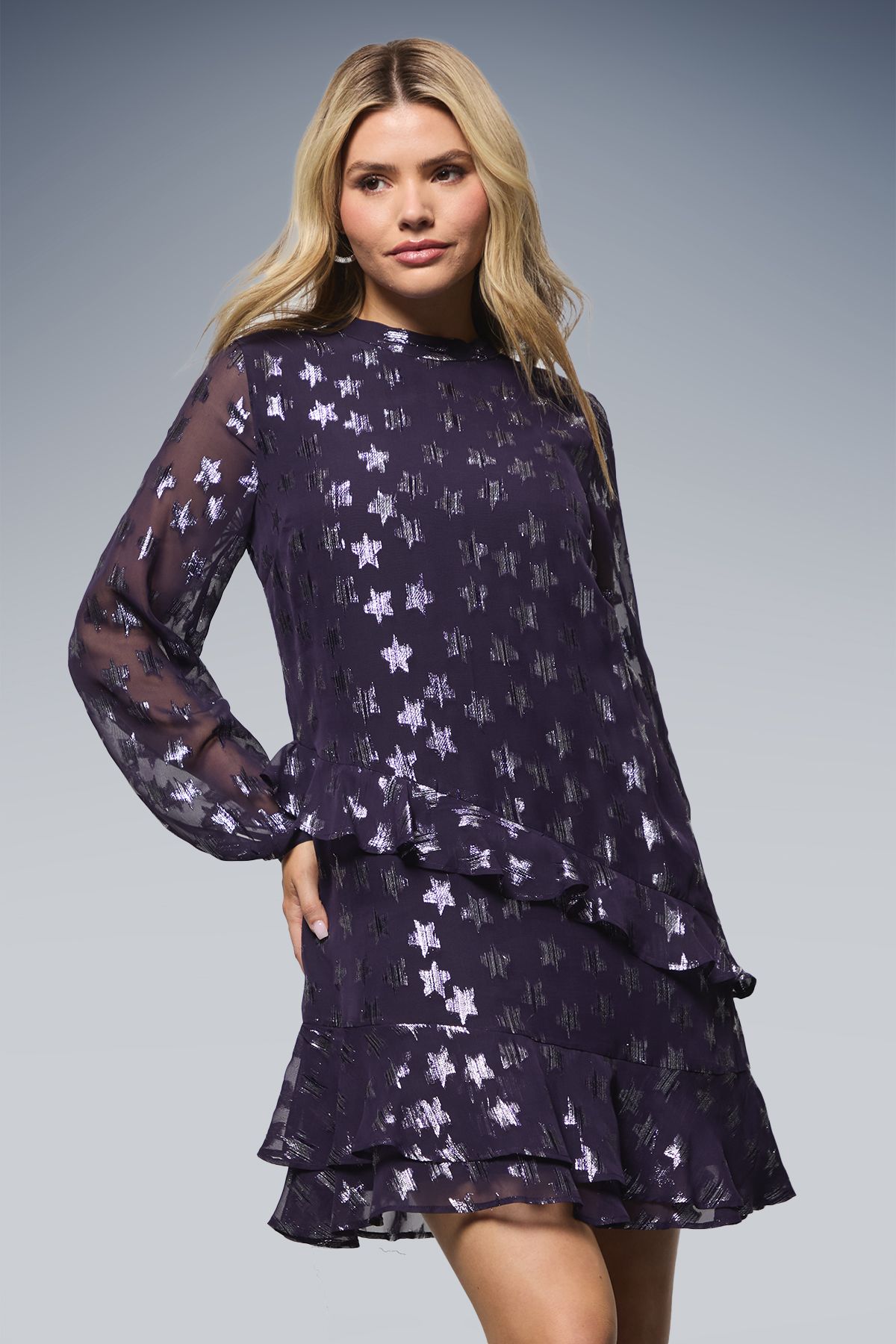 Dorothy Perkins DP Luxe Star Jacquard Ruffle Shift Mini Dress Purple image 2