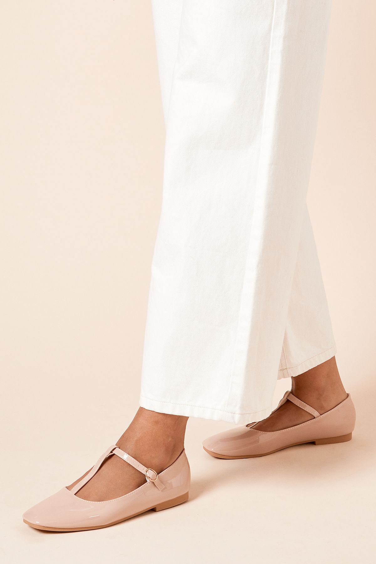 Dorothy Perkins Claudia Faux Patent Leather T-Bar Ballet Pumps Blush image 1