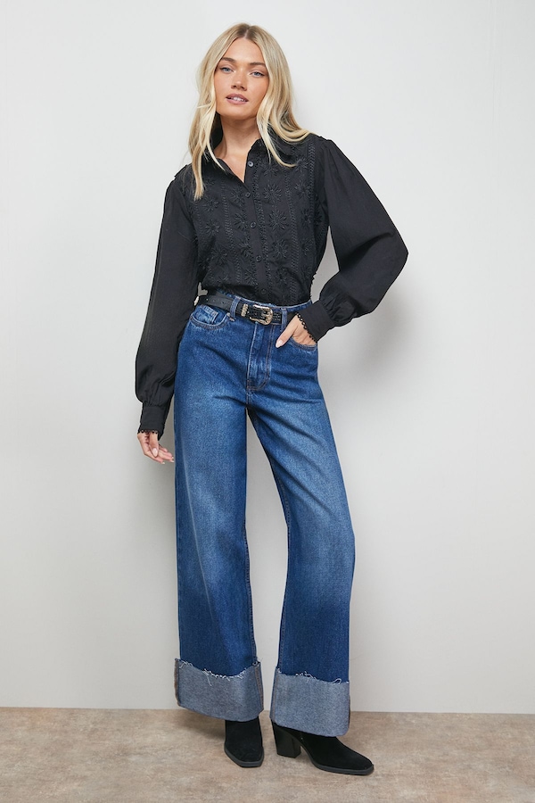 Oasis Floral Embroidered Long Sleeve Blouse Black