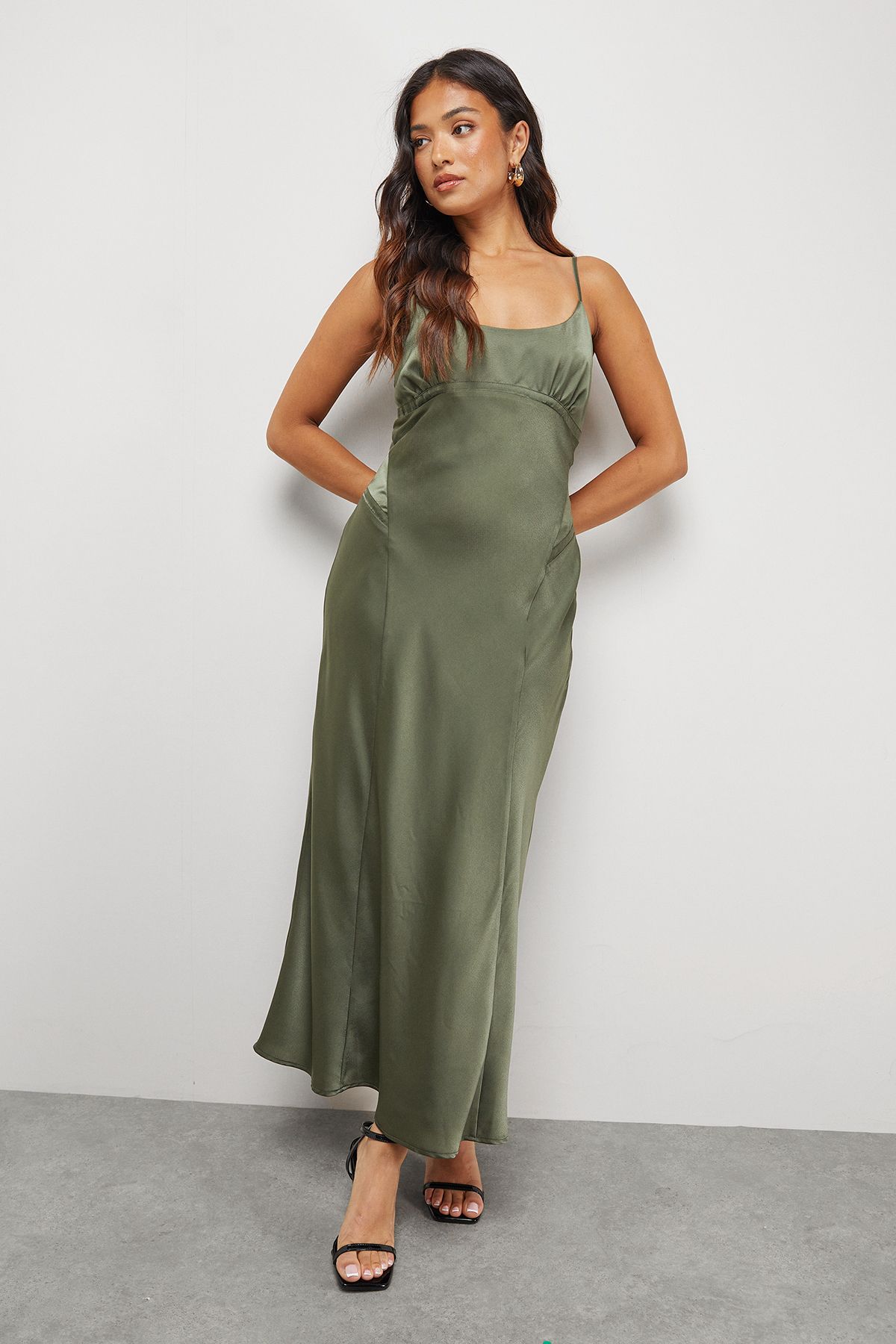 Warehouse Petite Satin Tie Bust Seam Strappy Midi Slip Dress Dark Olive image 2