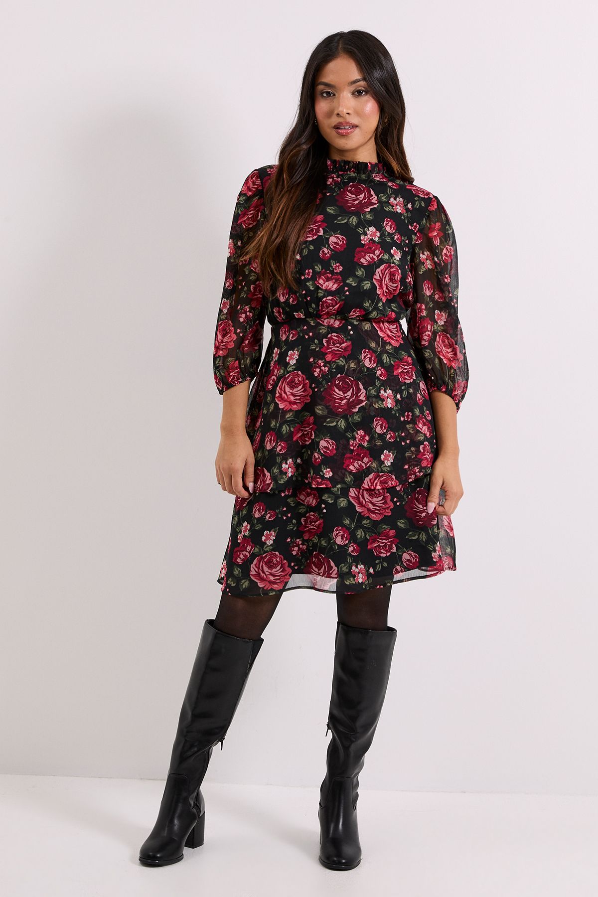 Dorothy Perkins Petite Floral Frill Neck Tiered Skirt Printed Mini Dress Floral