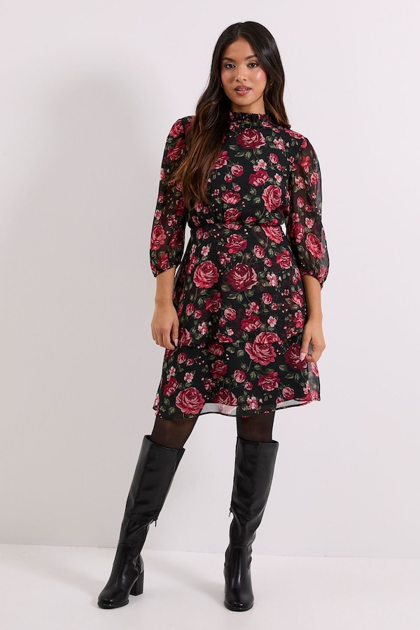 Dorothy Perkins Petite Floral Frill Neck Tiered Skirt Printed Mini Dress Floral