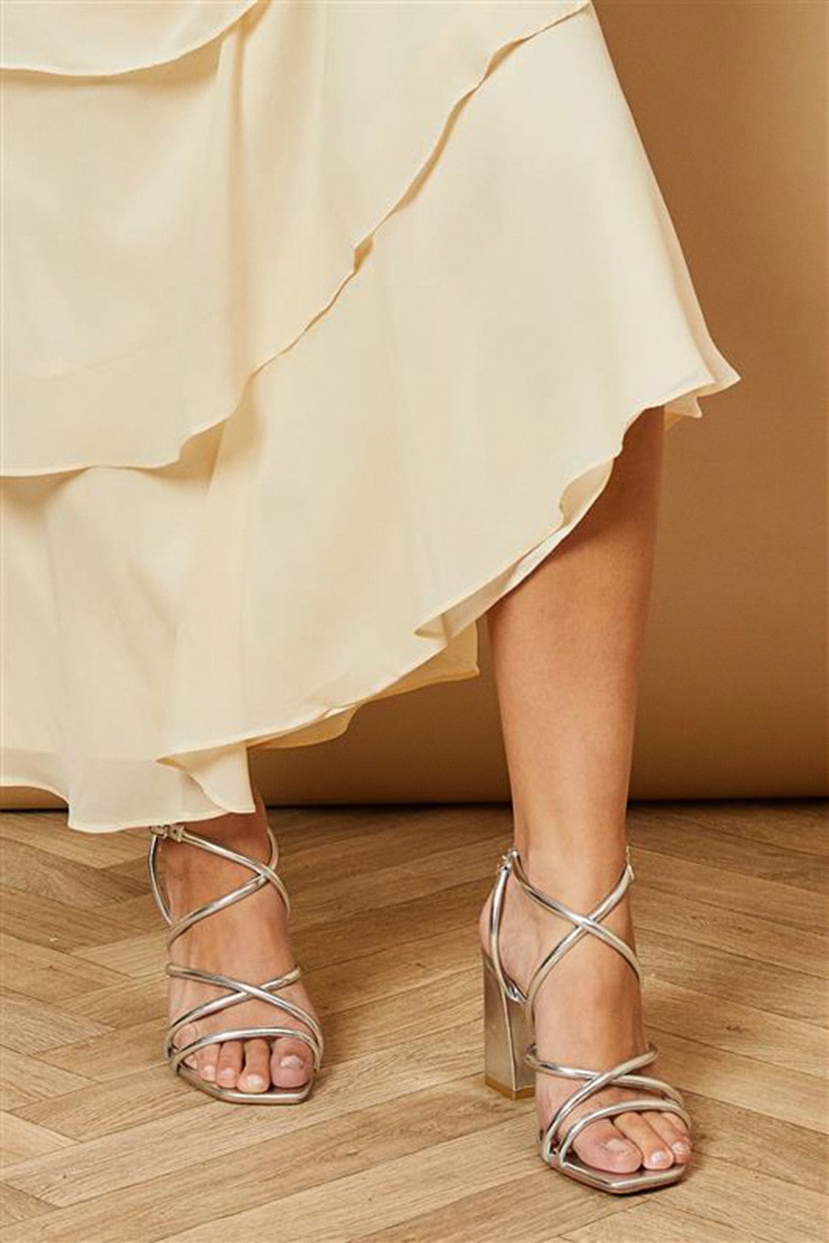 Oasis Molly Faux Leather Strappy High Block Heeled Sandals Silver image 2