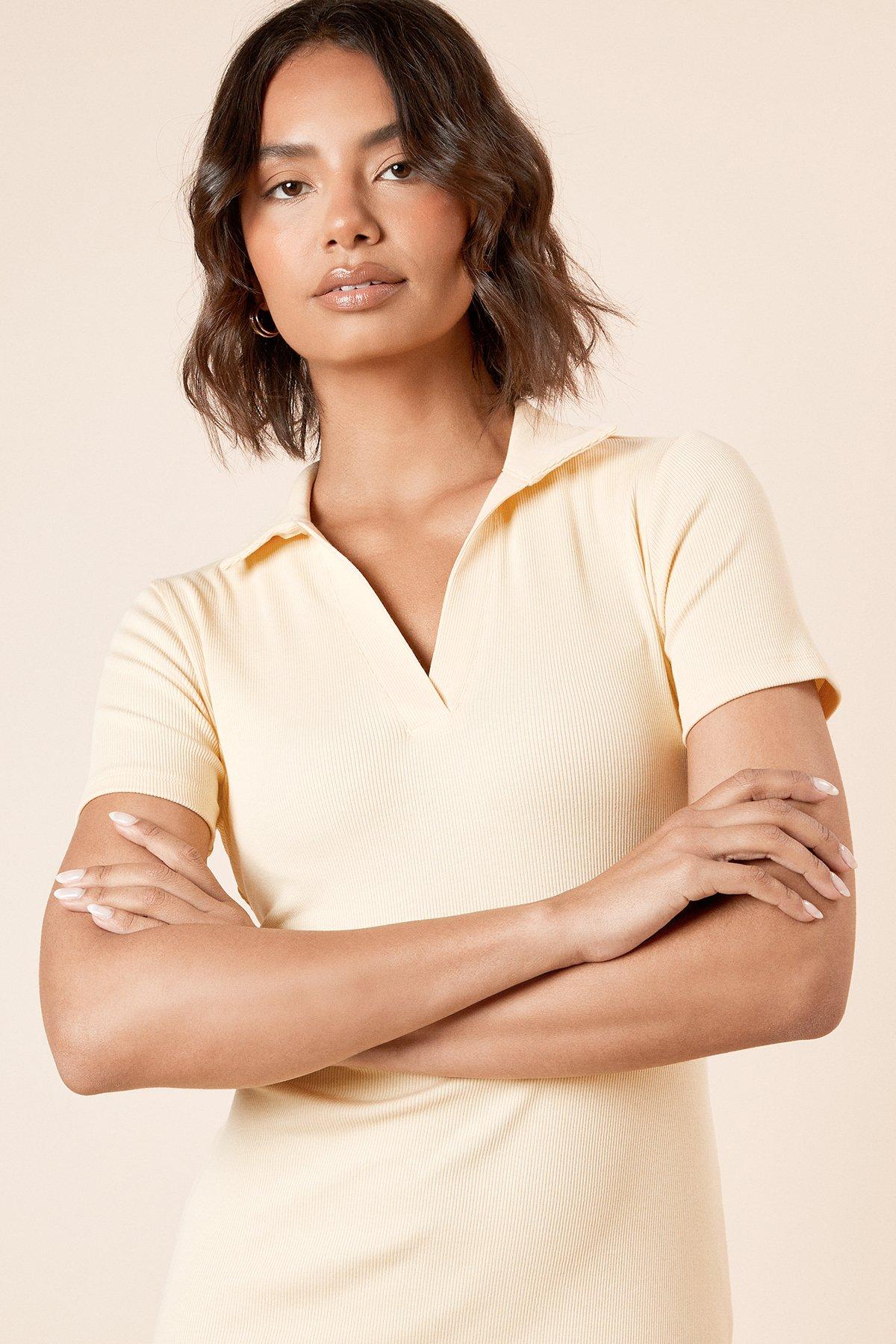 Dorothy Perkins Collared Ribbed Jersey Midi Dress Yellow image 3