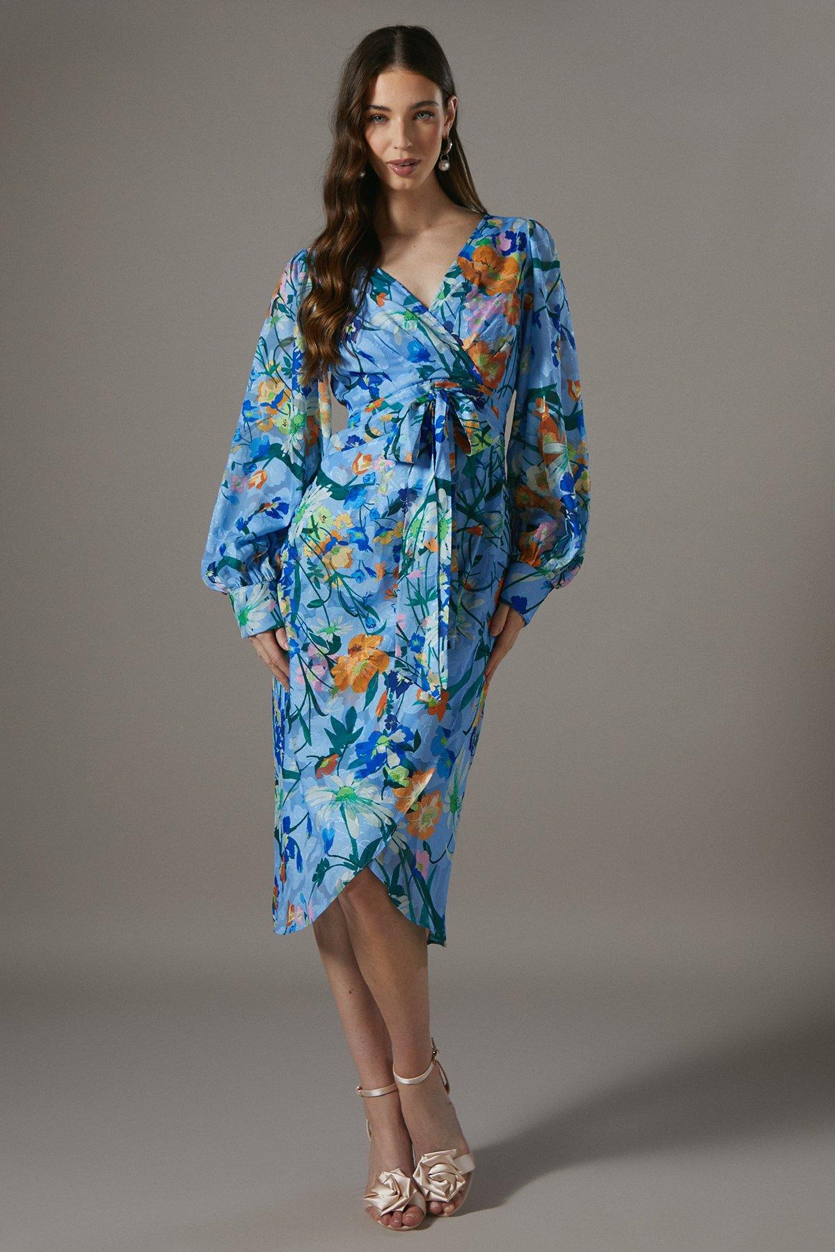 Coast Printed Tie Front Wrap Jacquard Dress Blue image 1