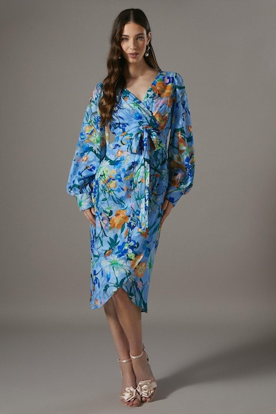 Coast Printed Tie Front Wrap Jacquard Dress Blue