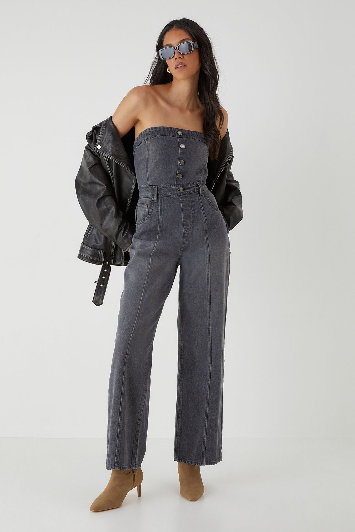 MissPap Denim Button Front Bandeau Jumpsuit Grey image 1