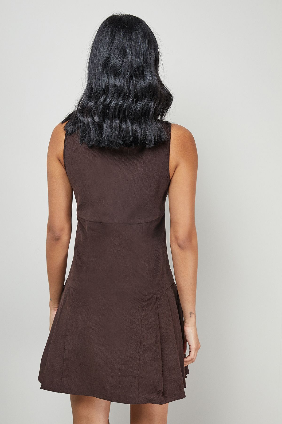 Warehouse Cord Square Neck Pinafore Mini Dress Chocolate image 3