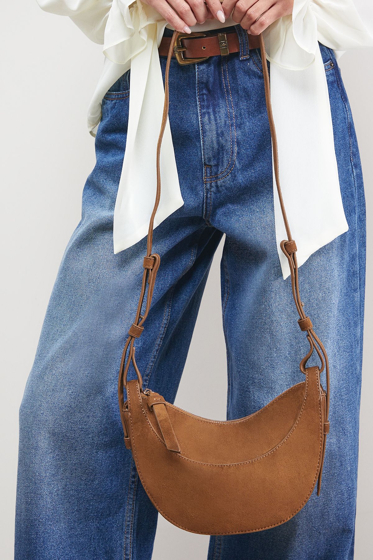 Oasis Relly Faux Suede Half Moon Crossbody Bag Tan image 2