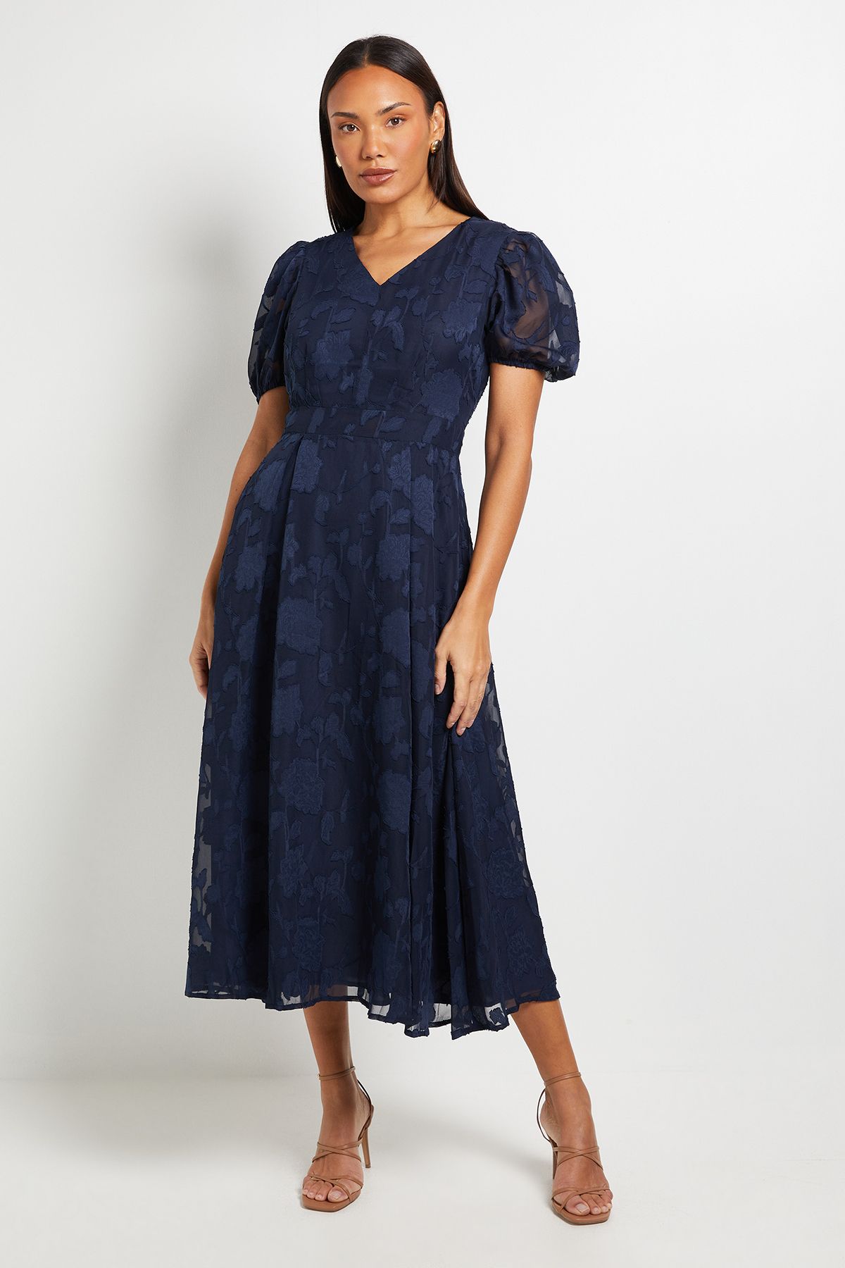 Principles Floral Jacquard Puff Sleeve Midi Dress Navy