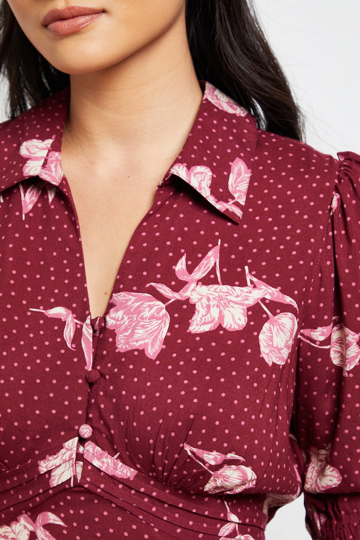 Dorothy Perkins Petite Berry Floral Collared Button Detail Puff Sleeve Midi Dress Berry image 5