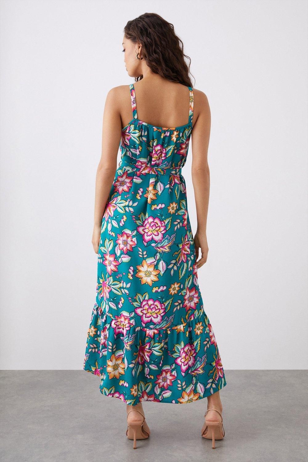 Dorothy Perkins Petite Green Floral Tiered Pocket Midi Dress Green image 3