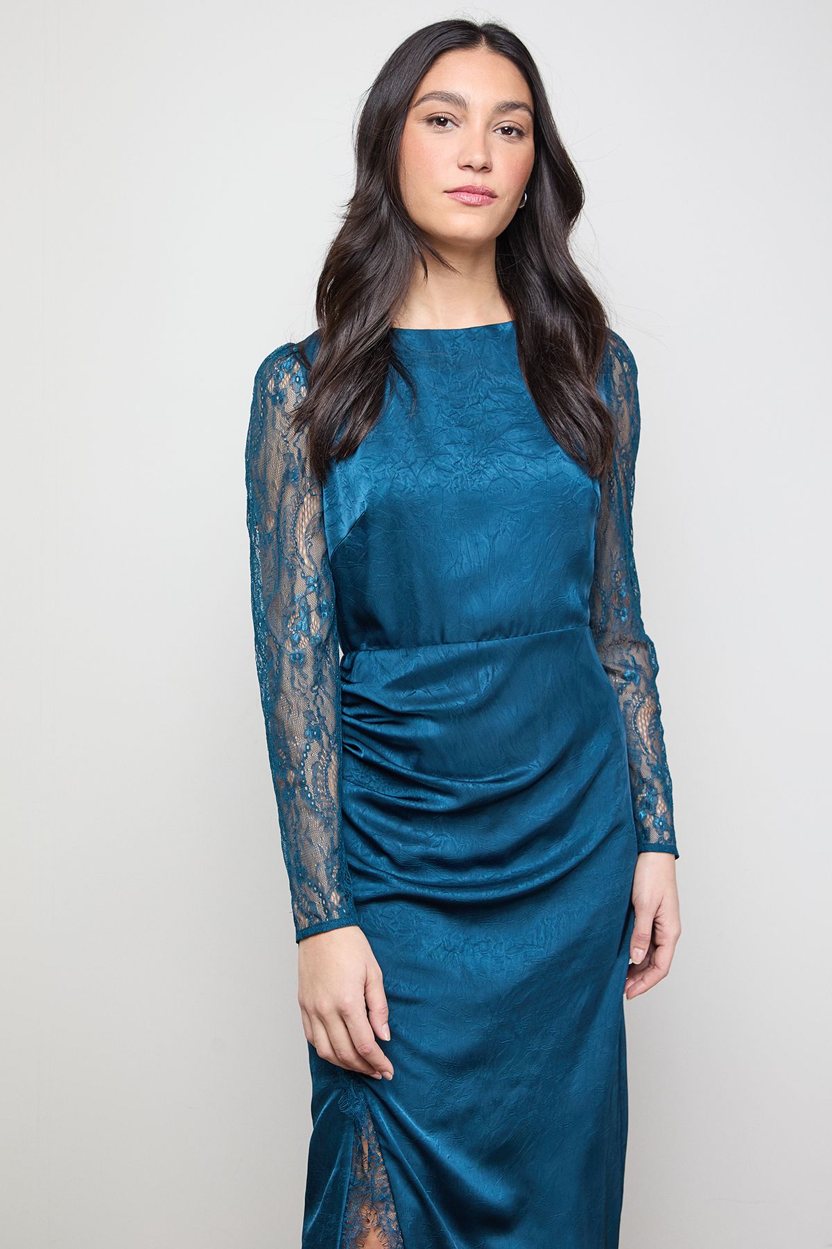 Oasis Lace Sleeve Split Front Satin Midaxi Dress Teal image 2