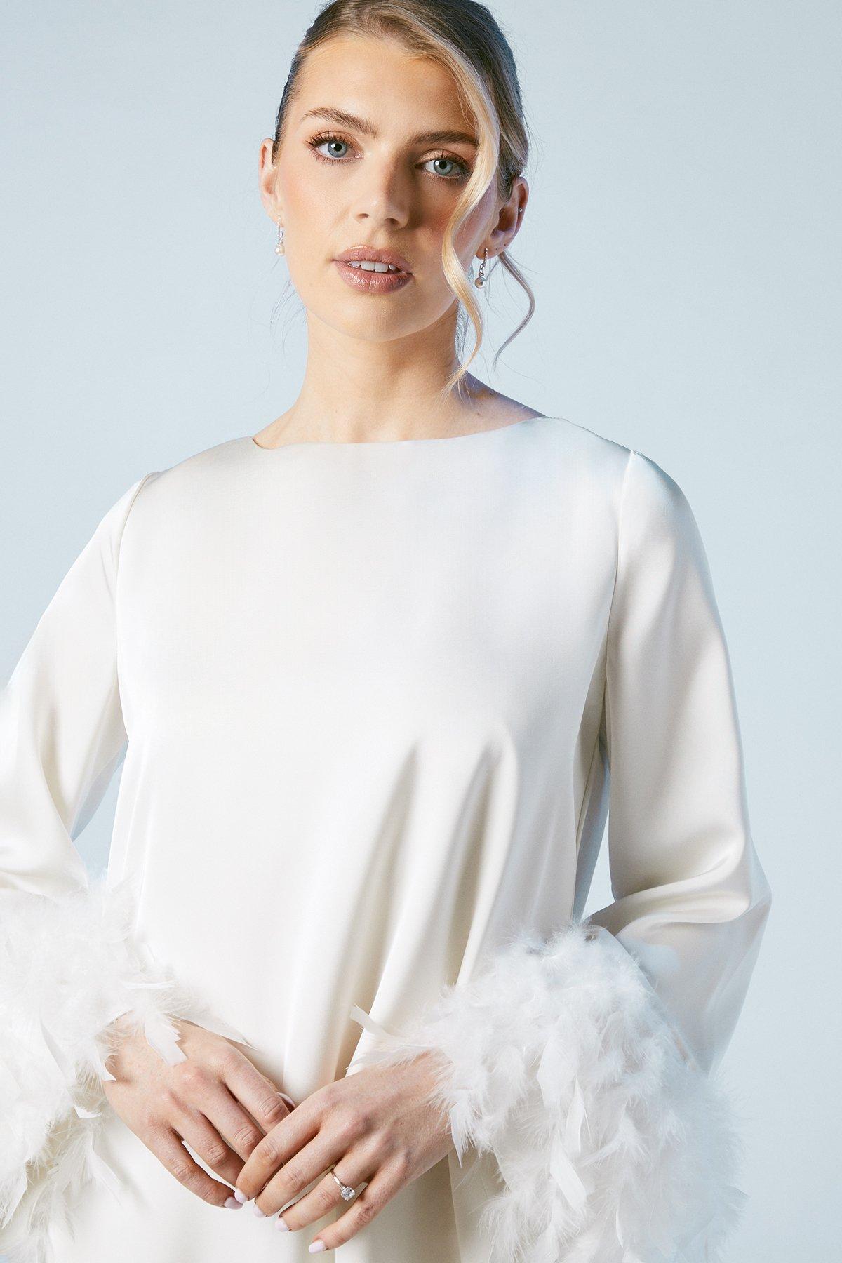 Oasis Feather Cuff Satin Bridal Mini Dress Ivory image 4