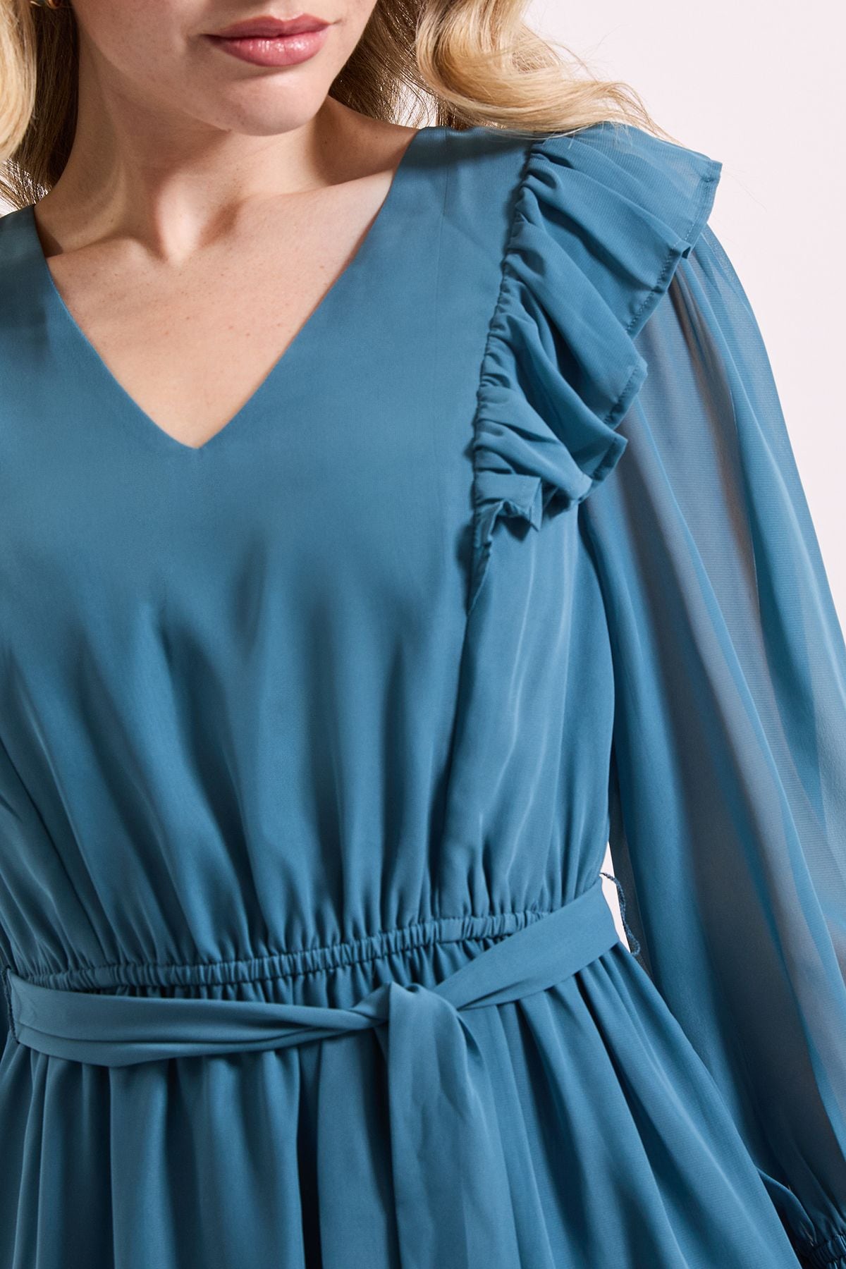 Dorothy Perkins Blouson Sleeve Frill Midi Dress Blue image 5