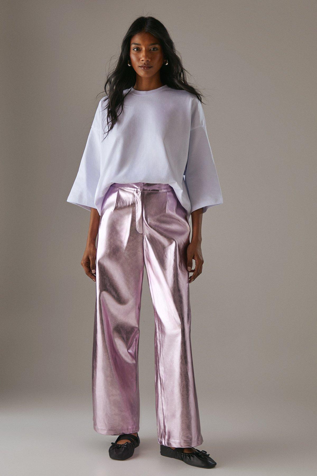 Warehouse Metallic Wide Leg Trouser Pink image 2