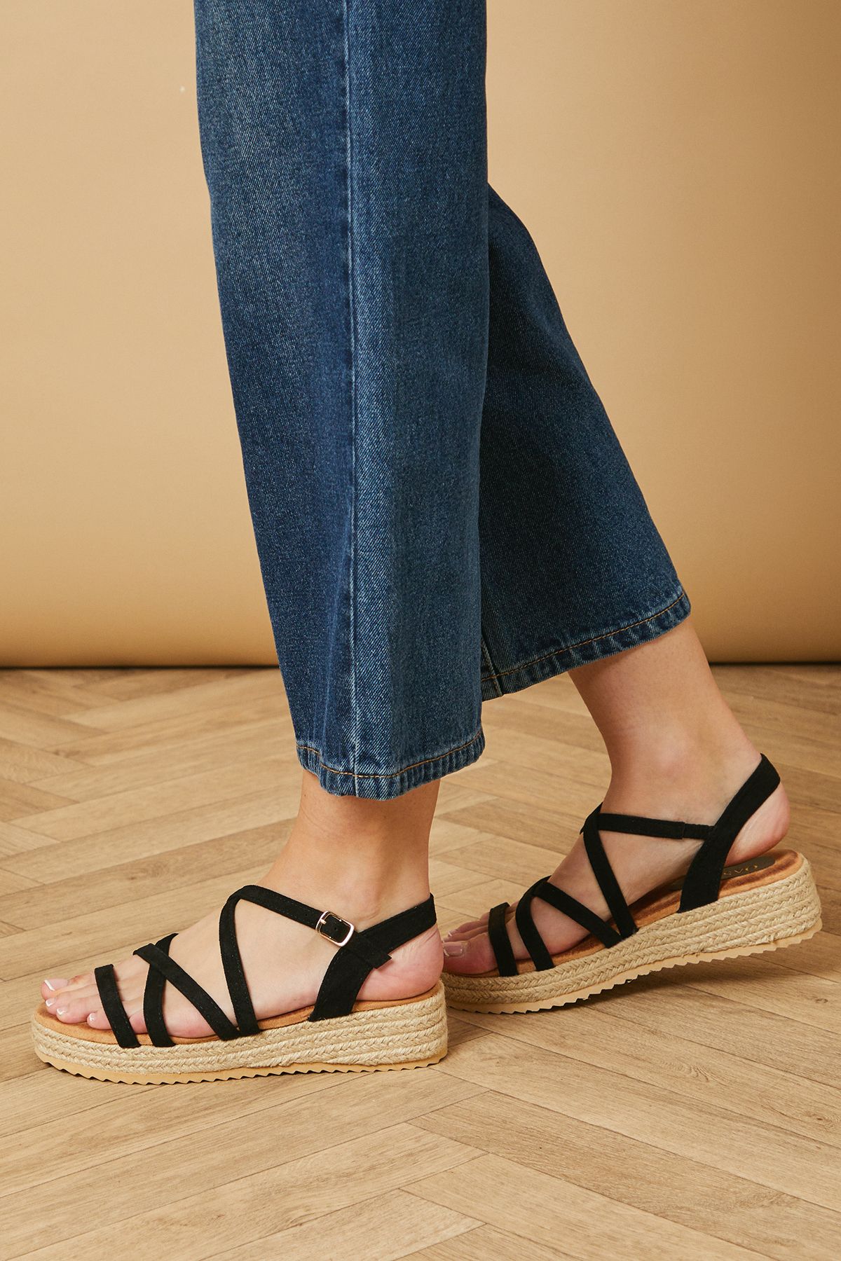 Oasis Kenza Faux Suede Strappy Low Wedge Espadrille Sandals Natural Black image 1