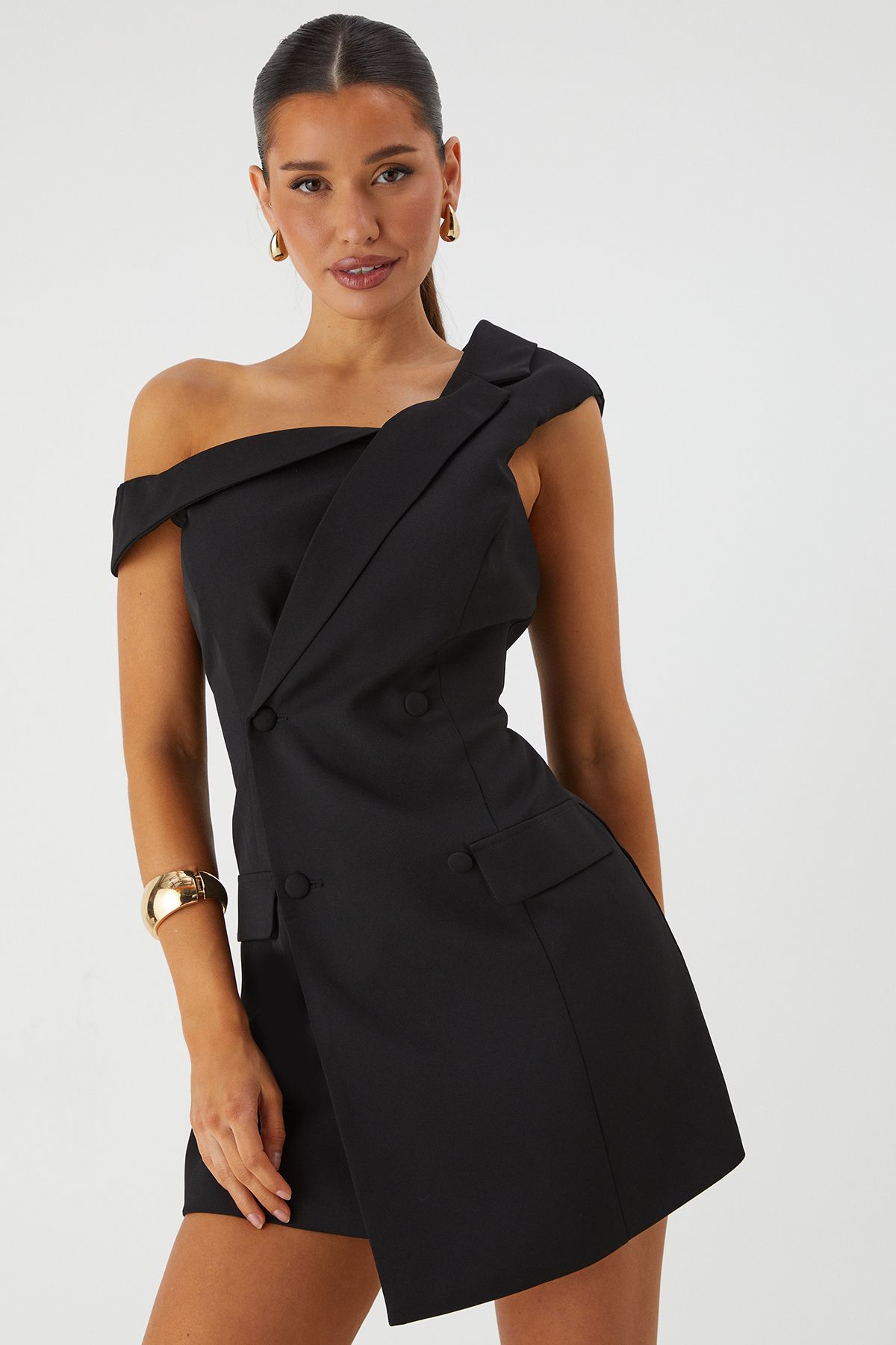 MissPap Off Shoulder Double Breasted Blazer Dress Black image 2