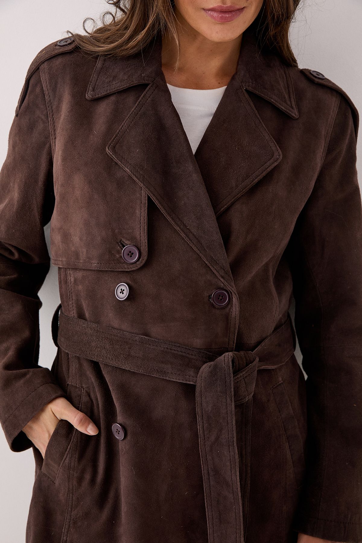 NastyGal Real Suede Trench Coat Chocolate image 4