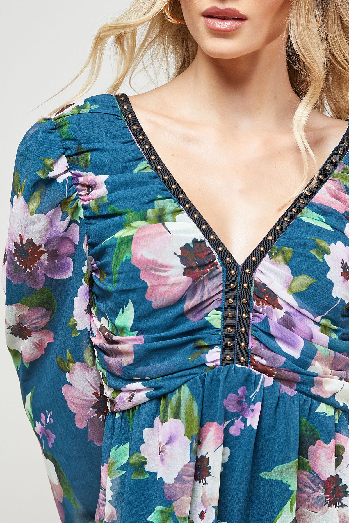 Oasis Printed Statement Shoulder Ruched Body Mini Dress Multi image 4