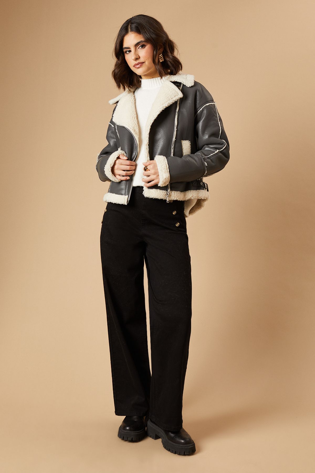 Oasis PU Borg Detail Collared Zip Jacket Grey image 2