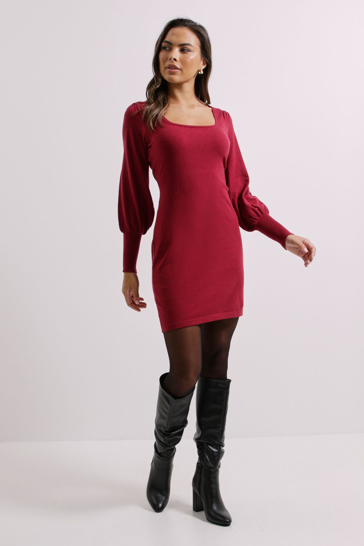 Dorothy Perkins Square Neck Balloon Sleeve Dress Berry image 1