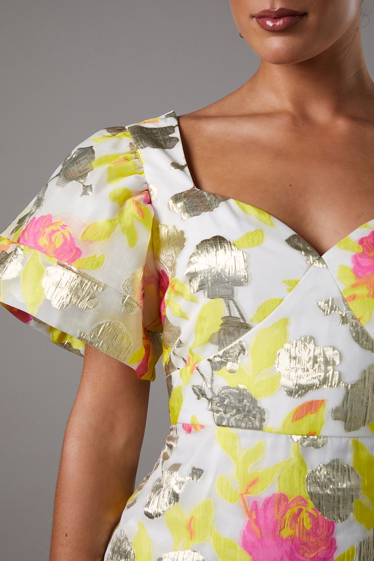 Coast Metallic Jacquard Volume Sleeve Midi Dress Yellow image 5