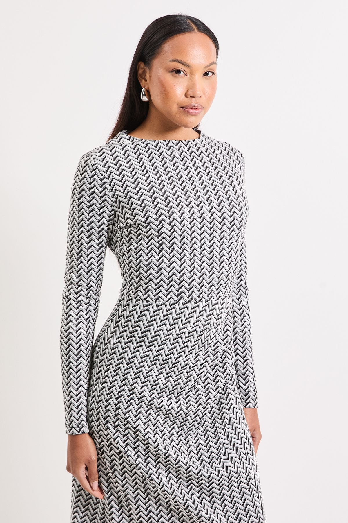 Principles Geo High Neck Jacquard Midi Dress Mono image 2