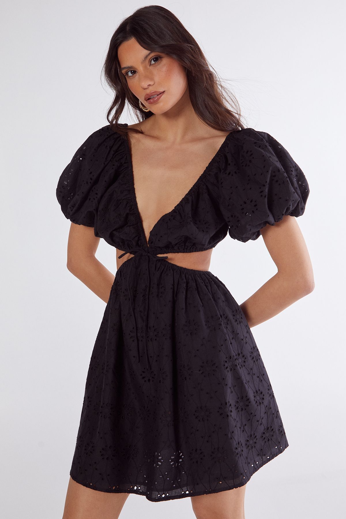 NastyGal Broderie Cut Out Tie Front Puff Sleeve Skater Dress Black image 3