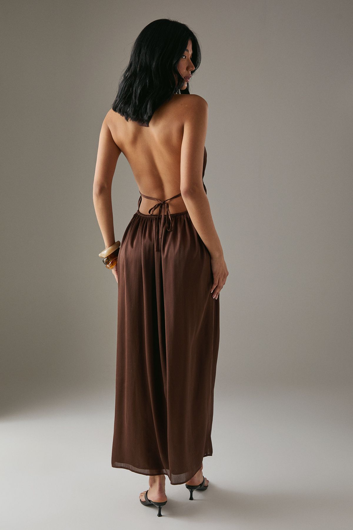 Warehouse Crinkle Satin Halter Drawstring Waist Bias Midi Dress Chocolate image 3