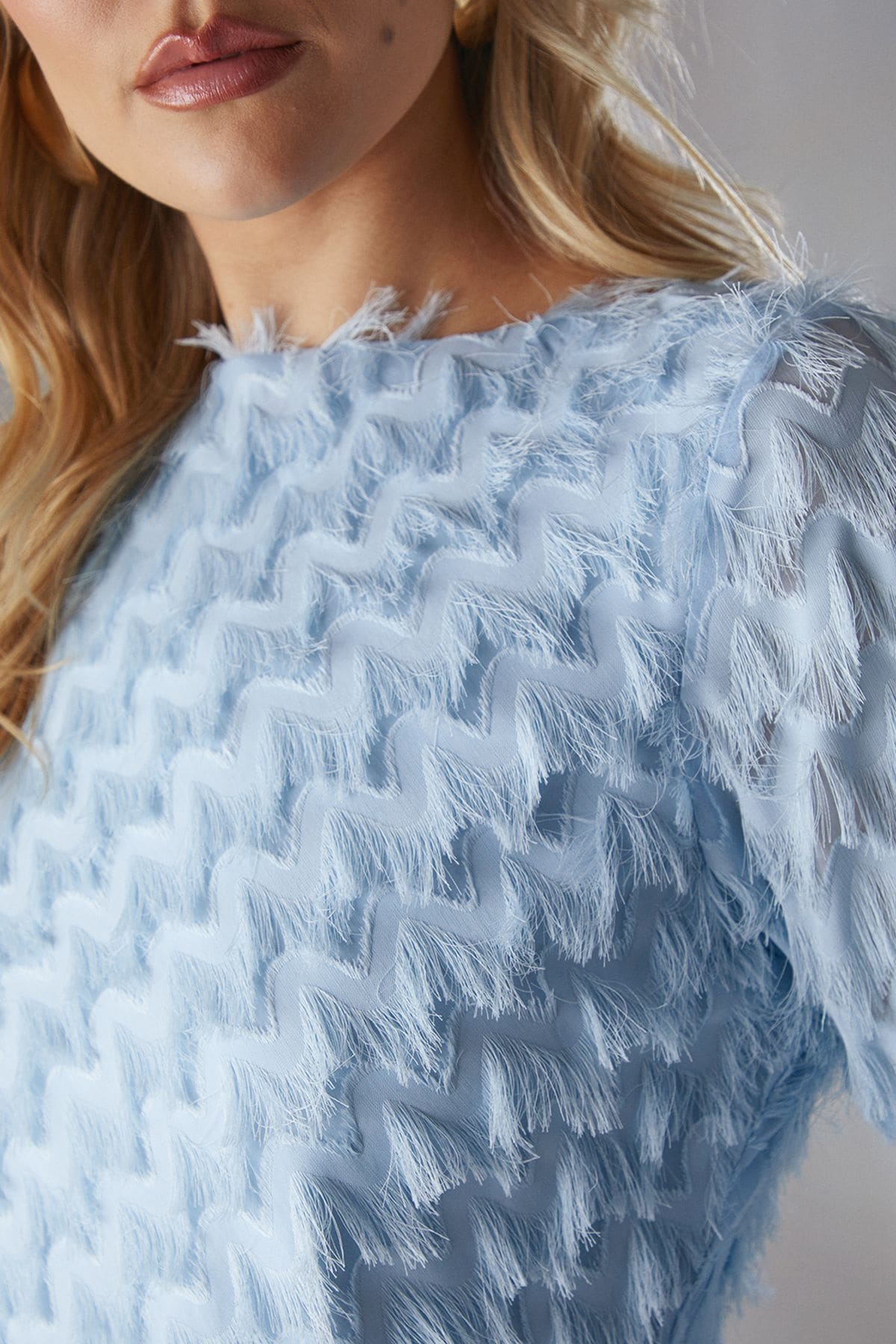 Warehouse Fluffy Slash Neck Column Midi Dress Pale Blue image 5