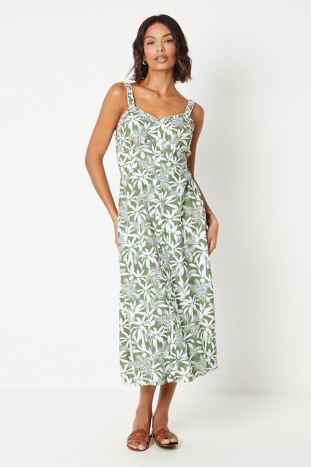 Dorothy Perkins Palm Button Through Frill Neckline Midi Dress Green image 1