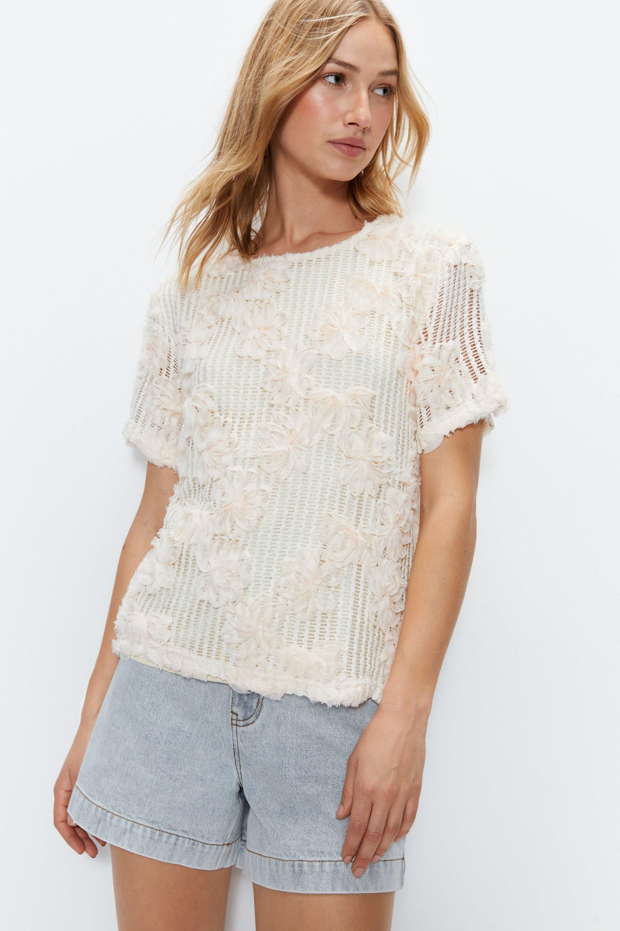 Warehouse Floral Embellished Detail T-shirt Ecru image 2