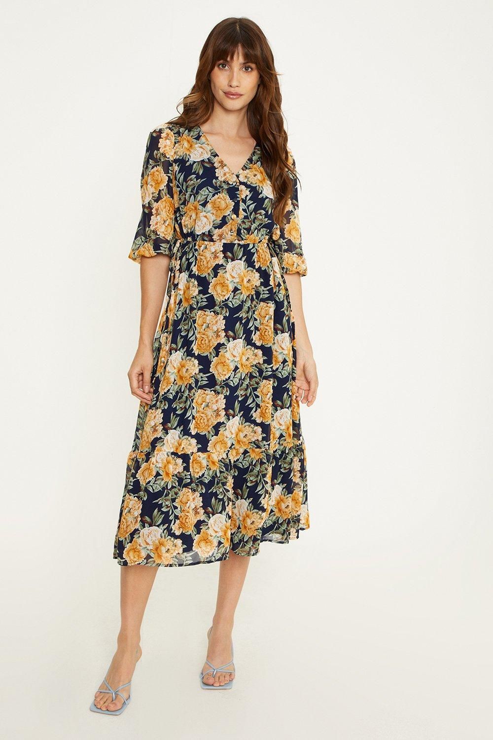 Oasis Floral chiffon button front midi dress Navy image 2