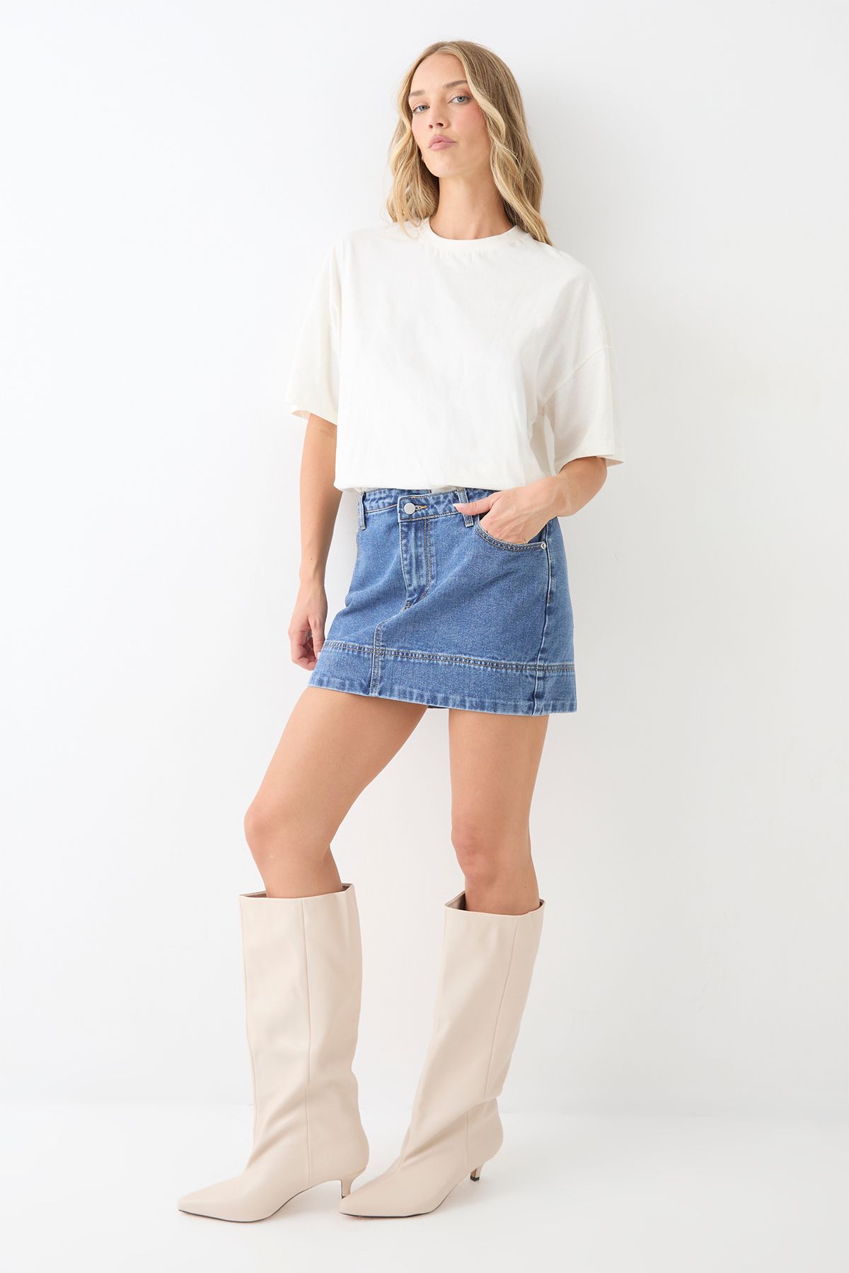 MissPap Low Stiletto Heel Knee High Boots Cream image 2