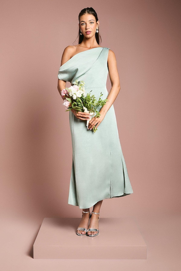 Oasis Fallen Shoulder Satin Bridesmaids Midi Dress Sage