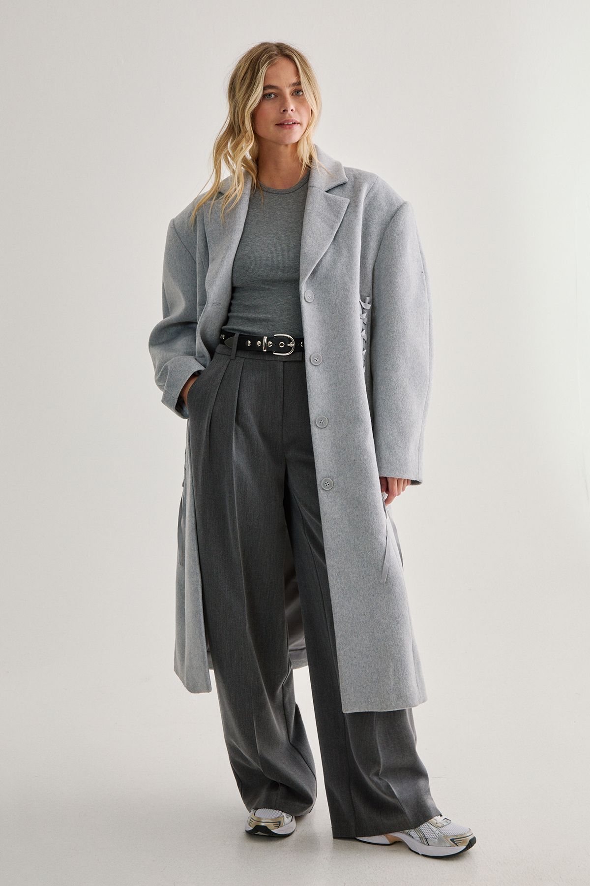 NastyGal Premium Corseted Detail Maxi Coat Grey image 2