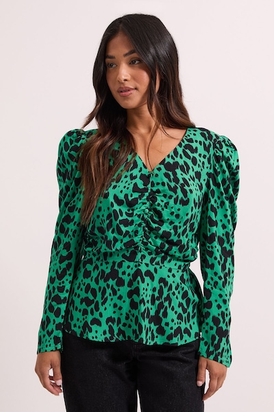 Dorothy Perkins Petite Green Animal Button Detail Printed Peplum Blouse Animal