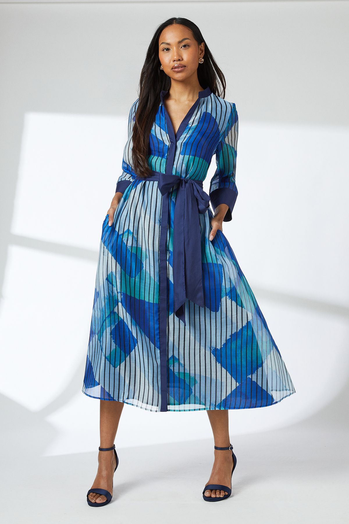Principles Geo Stripe Organza Contrast Shirt Dress Blue image 1