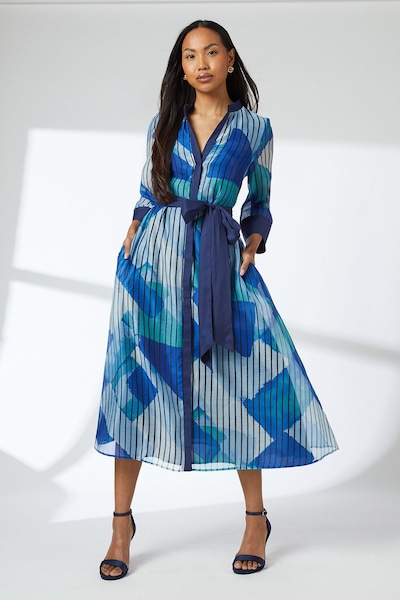 Principles Blue Belted Contrast Detail Collarless Shirt Dress Blue