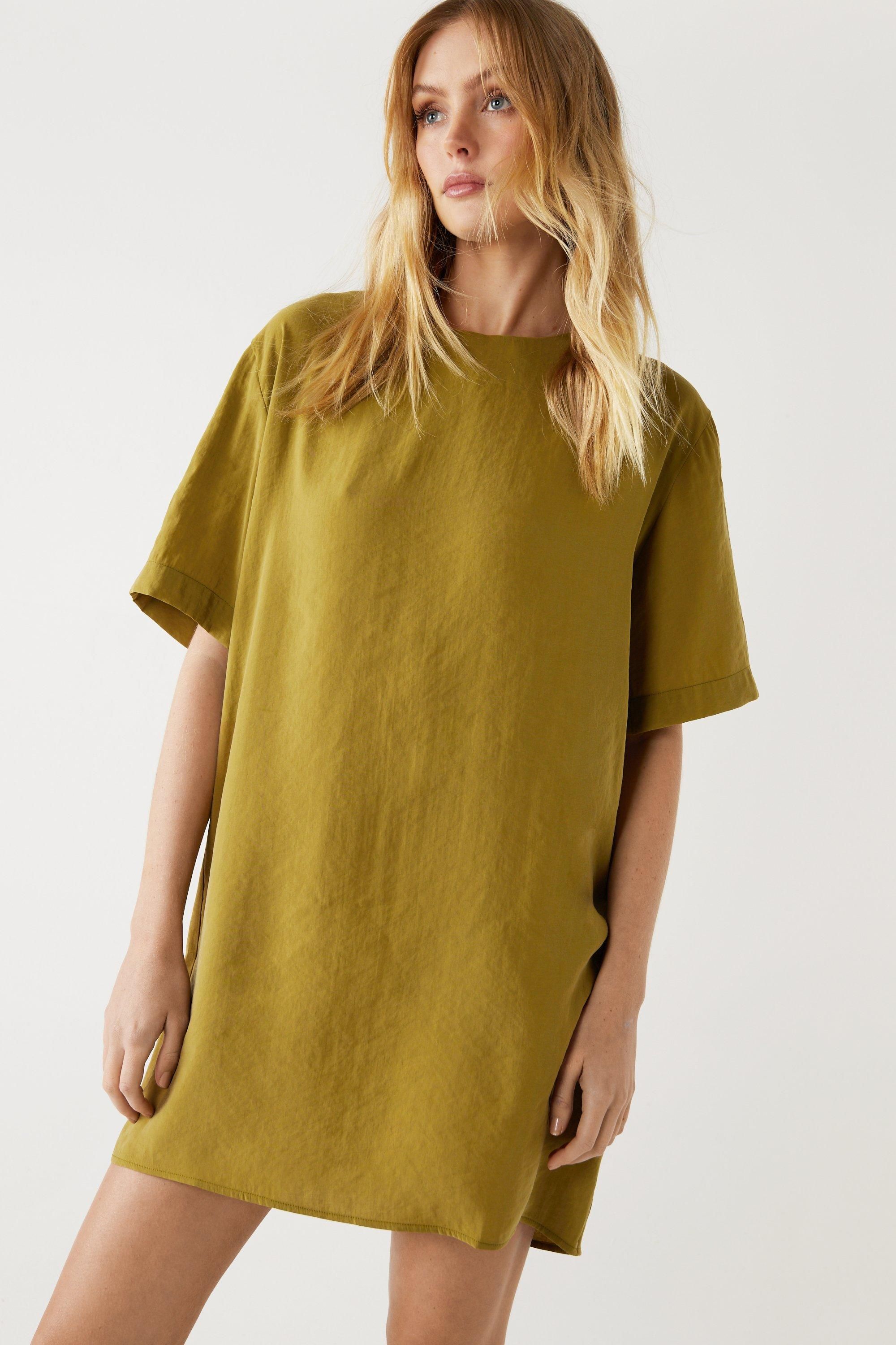 Warehouse Short Sleeve Textured T-shirt Dress Khaki image 2