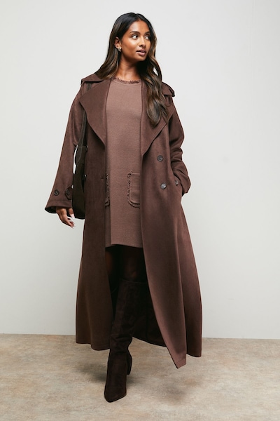 Oasis Cuff Detail Belted Coat Chocolate