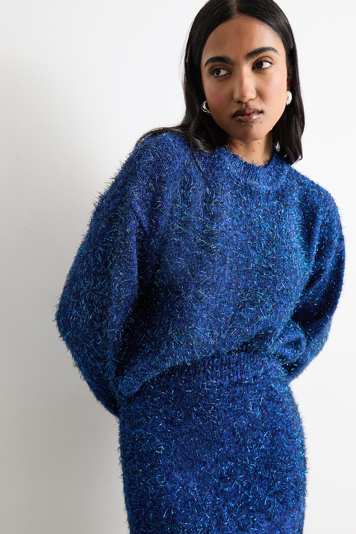 Warehouse Metallic Knitted Sweater Cobalt
